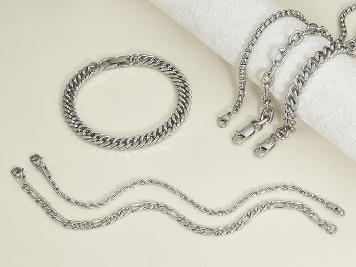 XIANNVXI 6pcs Bracelets for Men Gifts for Him Stainless Steel Bracelet Silver/Gold/Black Cuban Link Rope Paperclip Chain Bracelets Set 6.5/7/7.5/8.3/9 Inches Metal Bracelet Mens Fashion Accessories Jewelry Gifts Set