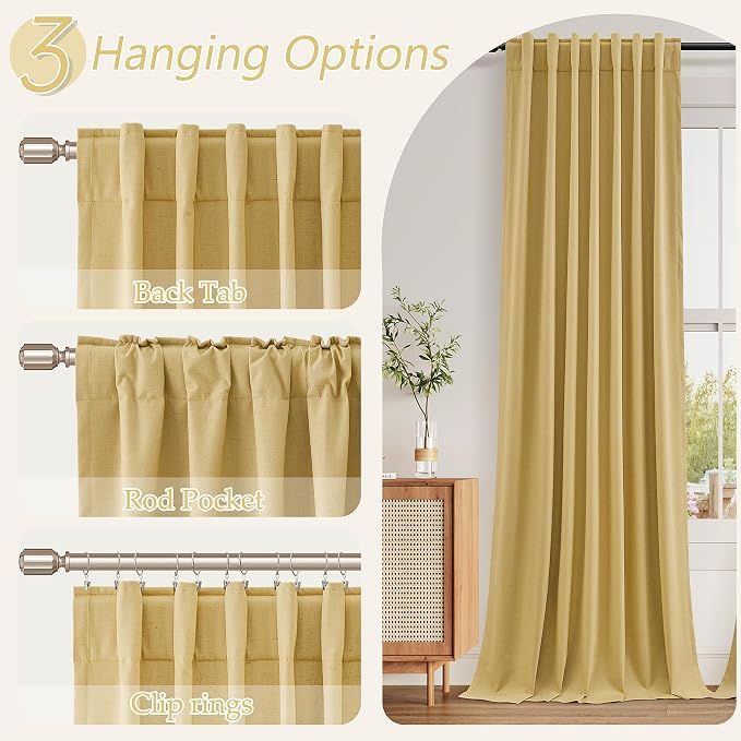 Guken 100% Blackout Curtains 84 Inch Length 2 Panels Set for Living Room Bedroom Back Tab Thermal Insulated Black Out Linen Drapes Room Darkening Window Curtains 84 Inches Long,Gold Yellow