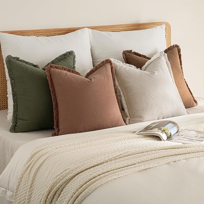 MIULEE Fall Linen Fringe Pillow Covers Set of 4 24x24 Beige/Brown/Green | Boho Farmhouse Decorative Throw Pillow Covers, Neutral Soft Rustic Cushion Cases, for Couch Sofa Bed Living Room Home Decor