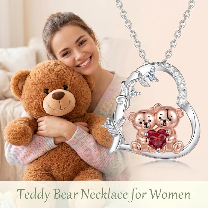 PELOVNY Teddy Bear Necklace for Women 925 Sterling Silver Bear/Highland Cow/Fox/Cat/Axolotl Birthstone Necklace Christmas Birthday Jewelry Gifts for Mom Daughter Wife Sister