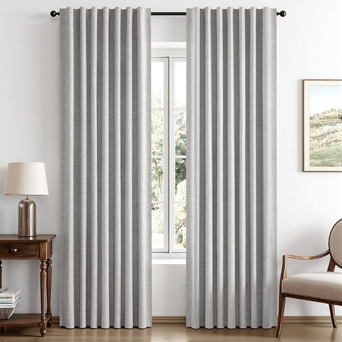 MIULEE 100% Blackout Linen Curtains 42 x 72 Inch Greyish White 2 Panels | Thermal Insulated, Room Darkening Drapes for Bedroom Living Room, Back Tab Rod Pocket Pinch Pleated, Solid Luxury Decor