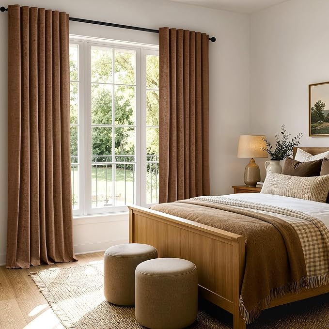 MIULEE 100% Blackout Linen Curtains for Bedroom 42 x 90 Inch Brown 2 Panels | Thermal Insulated, Room Darkening Drapes for Living Room, Back Tab Rod Pocket Pinch Pleated, Solid Luxury Decor
