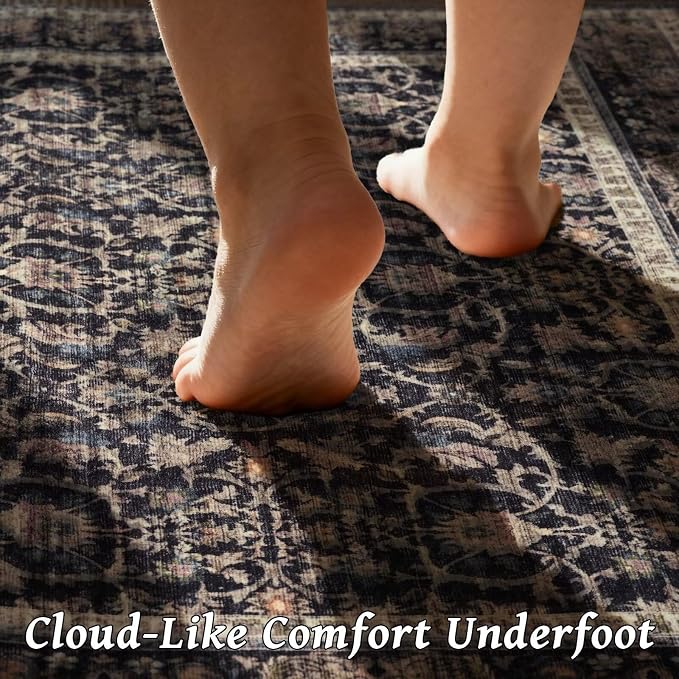 Boho Washable 9x12 Area Rugs for Living Room, Cushioned, Black/Navy Blue | Vintage Non-slip Neutral Oriental Rugs for Bedroom Dining Room Nursery Office High Traffic Area