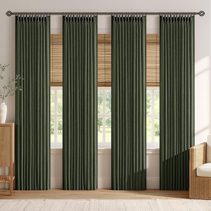 MIULEE 4 Panels Set Pinch Pleated Linen Curtains 108 Inches Length for Living Room Bedroom, Extra Long Pinch Pleat Drapes Back Tab Light Filtering Olive Green Foor to Ceiling Curtains with Hooks