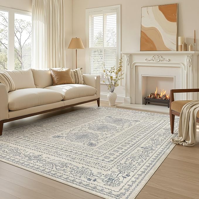 Nakagishi 5x7 Area Rugs Living Room: Washable Large Vintage Rug Neutral Non-Slip Soft Stain Resistant Indoor Carpet for Bedroom Nursery Dining Room Office Playroom - Blue/Beige