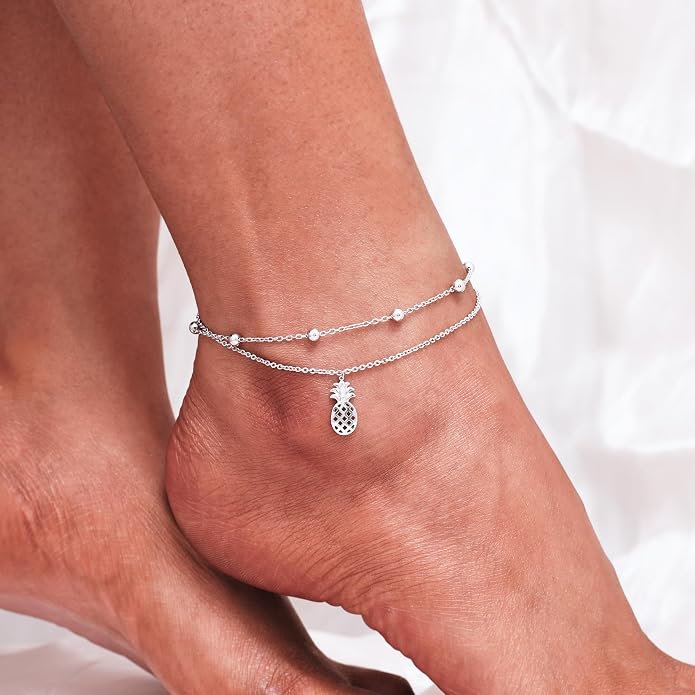 CHIC & ARTSY 925 Sterling Silver Ankle Bracelets for Women, Adjustable Layered Foot Chains with Nature & Symbol Charms, Lightweight Comfort Fit Boho Beach Everyday Jewelry
