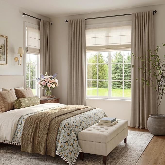 INOVADAY 100% Blackout Curtains 90 Inches Length 2 Panels Set, Back Tab/Rod Pocket Linen Black Out Curtains for Bedroom, Thermal Insulated Window Drapes - Burlywood Birch, W50 X L90