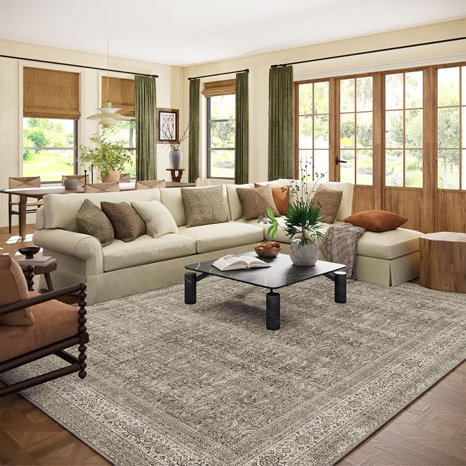 Washable Area Rugs for Living Room: 9x12 Bedroom Rug Boho Vintage Area Rug Stain Resistant Non Slip Low Pile Lightweight Soft Carpets for Dining Room Kitchen Nursery Kids Room Farmhouse