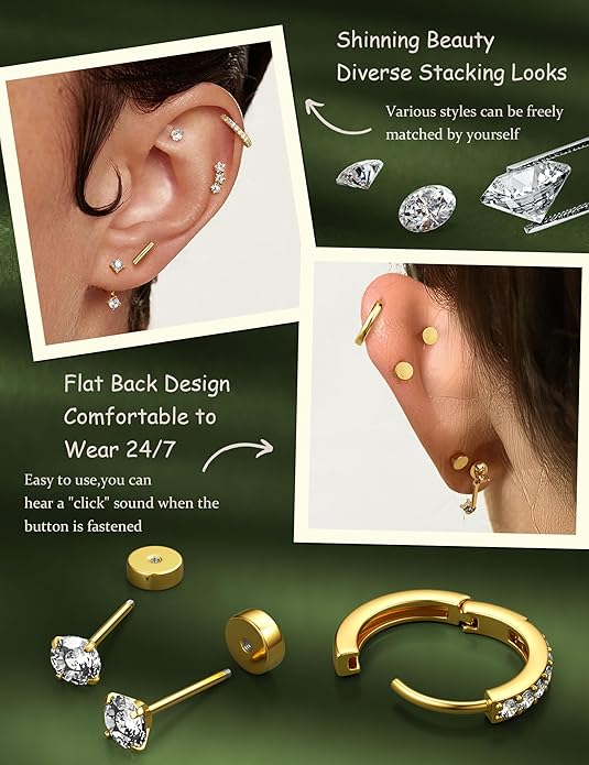 Hypoallergenic Silver Gold Earrings Stacks - 9 Pairs 14K Gold Plated Surgical Stainless Steel Earring Set for Sensitive Ears - Small Ear Piercing Flat Back Cartilage Earrings for Women Trendy Gifts