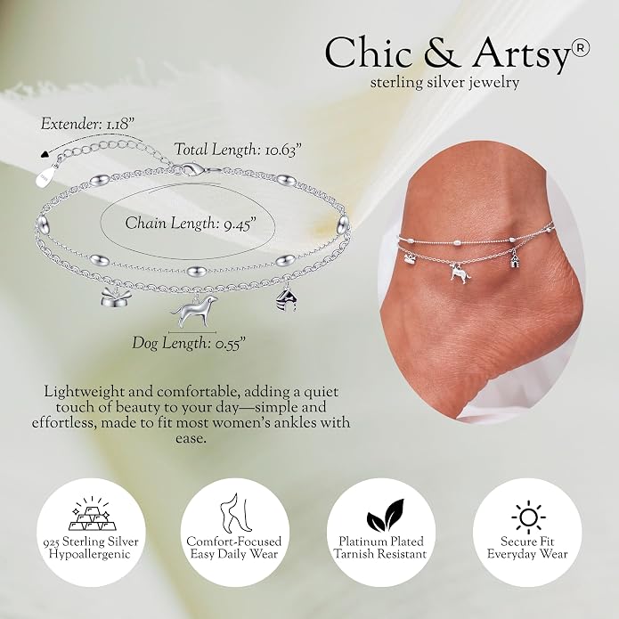 CHIC & ARTSY 925 Sterling Silver Ankle Bracelets for Women, Adjustable Layered Foot Chains with Nature & Symbol Charms, Lightweight Comfort Fit Boho Beach Everyday Jewelry