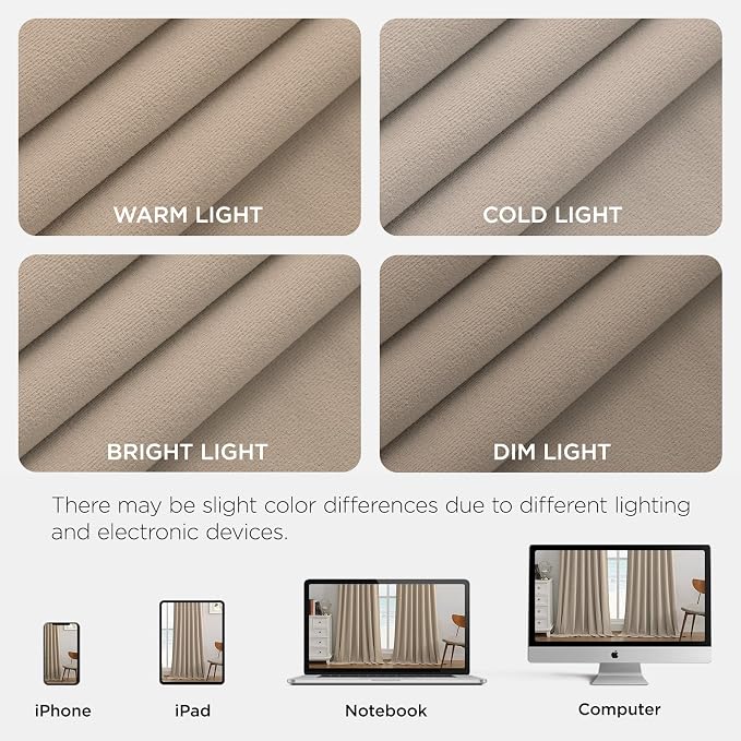 Joydeco 100% Blackout Velvet Curtains Beige 102 Inch Back Tab | Luxury Thermal Insulated Velvet Curtains for Bedroom Living Room, Soundproof Blackout Window Drapes