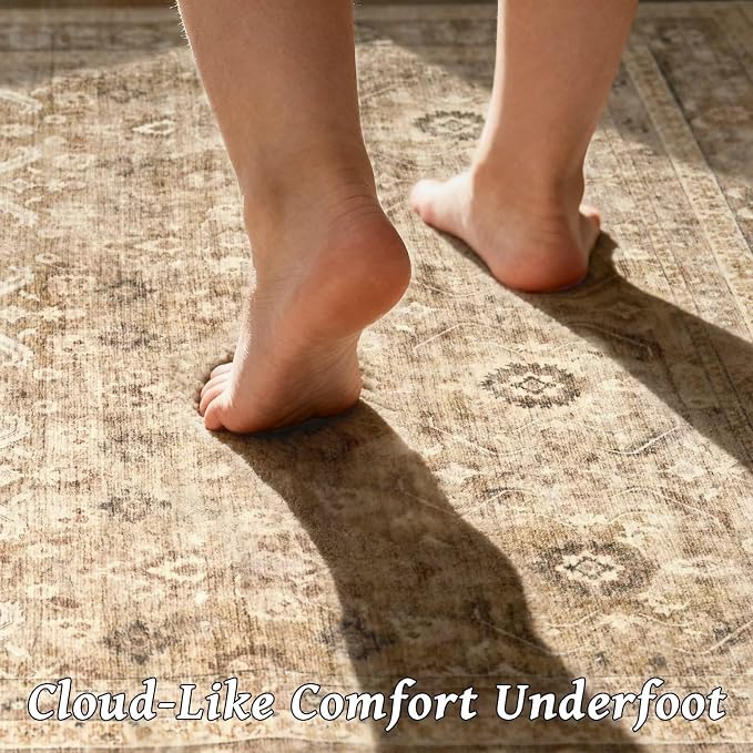 Boho Washable 5x7 Area Rugs for Living Room, Cushioned, Brown | Vintage Non-slip Rugs for Bedroom Dining Room Nursery Office, 0.3" Neutral Oriental Throw Thin Carpet, Brown