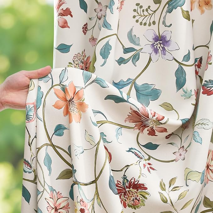 jinchan Beige Floral Blackout Curtains 84 Inch Back Tab 2 Panels Set | Room darkening, cream elegant vintage farmhouse drapes, botanical floral print, bedroom, living room, window treatment
