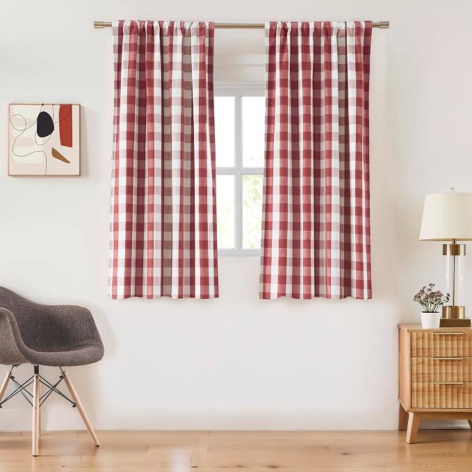 Short Red White Buffalo Plaid Curtain Panels 63 Inch | Full Blackout Farmhouse Gingham Drapes for Living Room,Thermal Insulated Window Treatment,Rod Pocket Back Tabs,40"Wx63"Lx2