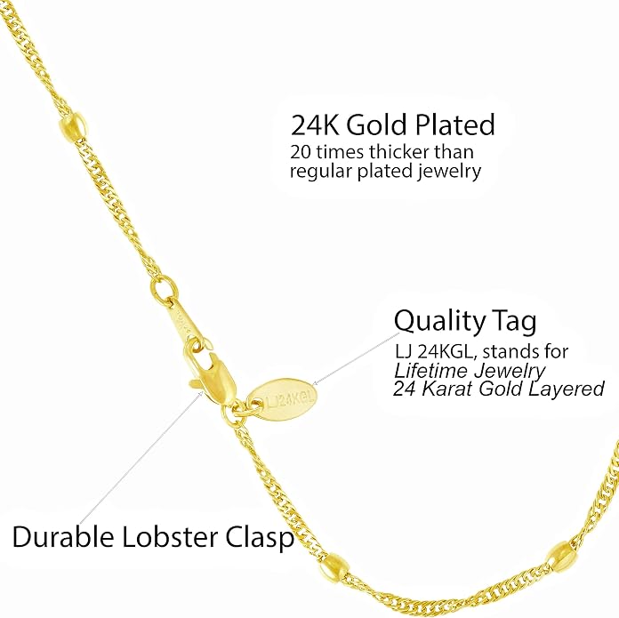 LIFETIME JEWELRY Womens Gold Anklet 24k Real Gold Plated 2mm Whisper Chain Ankle Bracelets