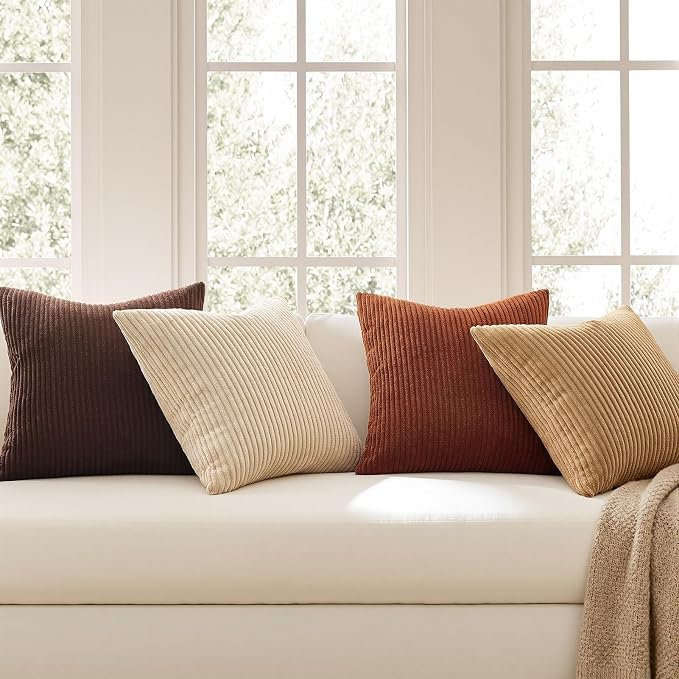 Topfinel Beige Brown Gradient Farmhouse Pillow Case 24x24 Decorative Pillow Covers Set of 4 Rustic Modern Soft Corduroy Striped Cushion Covers for Sofa Couch Living Room Bedroom