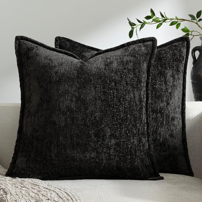 DEZENE Pack of 2 Black Euro Shams Pillow Covers 26x26 Cozy Soft Chenille Decorative Throw Pillow Covers Accent Vintage Square Couch Pillow Covers for Home Decor Bed Sofa Living Room
