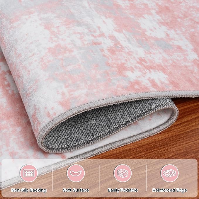 Pink Rug Carpet 9x12 Area Rugs for Bedroom Girls: Washable Modern Rug for Living Room Dining Room Non Slip Low Pile 9 by 12 Indoor Abstract Home Office