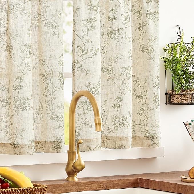 Lazzzy Elisa Floral Kitchen Curtains 24 Inch Linen Cafe Curtains Farmhouse Half Window Drapes Over Sink Light Filtering for Small Windows Rod Pocket Back Tab 2 Panels Green on Beige