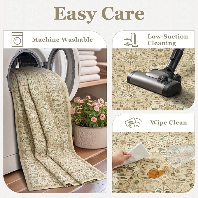 Boho Neutral 6x9 Area Rug, Non Slip Washable Rugs for Living Room Bedroom Low Pile Thin, Floral Moroccan Pattern Printed Carpet Rug for Dining Room Home Office Nursery Playroom, Warm Beige