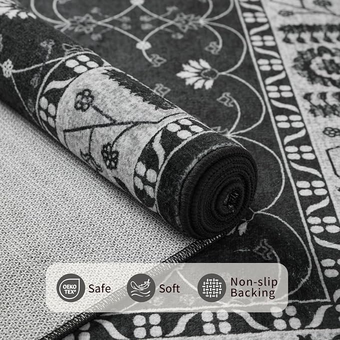 Rugxara 8x10 Washable Area Rug for Living Room, Extra Large Black Vintage Boho Rugs for Office, Kids Room, Farmhouse, Durable Low Pile Non Slip Carpet for High Traffic Areas（Black 8x10）