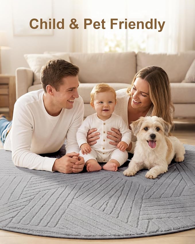 Carvapet 6.5' Round Rug Washable High Low Pile Area Rug Soft Plush Light Grey Carpet for Living Room Bedroom Non Slip Indoor Floor Rug for Home Kids Nursery Decor