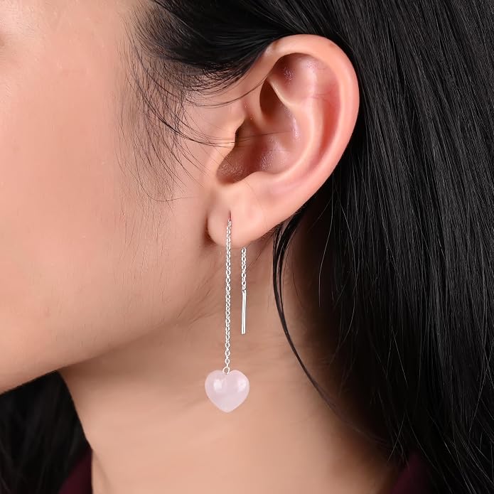Gemstone Heart Shaped Threader Earrings in 925 Sterling Silver, Pull Through Adjustable, Versatile & Trendy, Perfect Valentine's Gift for Women, Choice of Gemstone Available