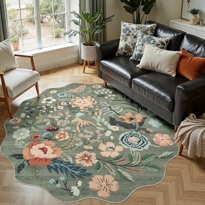DCX Vintage Floral Rug 6x6, Washable Sage Green Rug for Living Room, Kid & Pet Friendly with Rubber Back Non Slip, Soft Low Pile Carpet, Stain Resistant Rug for Bedroom, Nursery, Dining Room