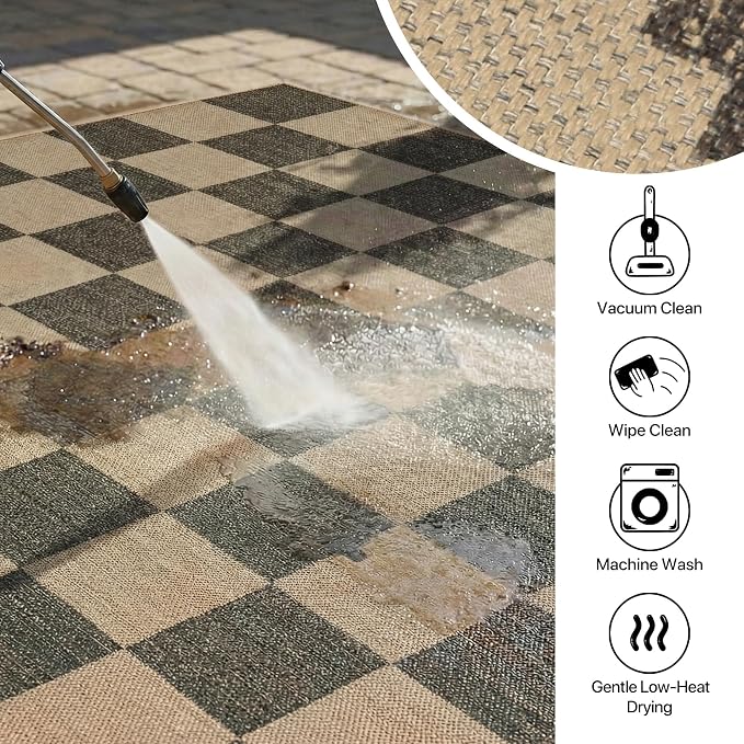 GENIMO Indoor Outdoor Area Rug 8'x10', Checkered Easy Jute Rug Machine Washable, Easy-Cleaning, Non Slip Plaid Outdoor Carpet for Patio, Living Room, Backyard, Porch, Deck, Balcony