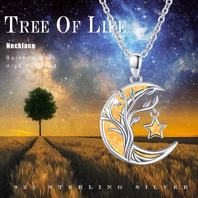 Christmas Gifts Tree of Life/Celtic/Moon Necklace 925 Sterling Silver Moon Pendant Abalone/Opal jewelry for Women Sister Christmas Gifts