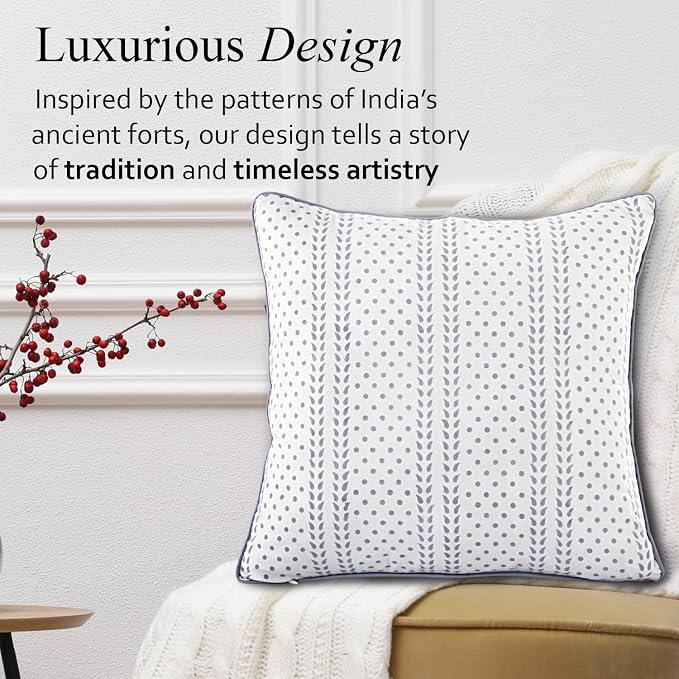 CPC 100% Cotton Throw Pillow Covers 20x20 Inch, Set of 2 Block Print Pattern Couch Pillow with Hidden Zipper, in Collabaration with Southern Source- Misty Grey Trelis