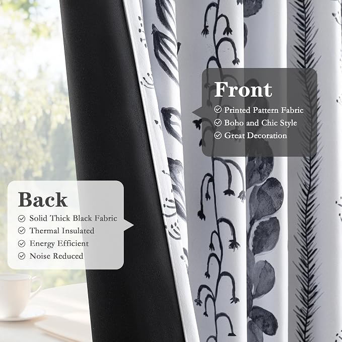 MEETSKY Boho Blackout Leaves Patterned Curtains 63 Inch Long 2 Panels Set for Bedroom, Room Darkening Dark Grey Drapes for Living Room, Thermal Insulated Rod Pocket Back Tab Window Treatment, 50"Wide