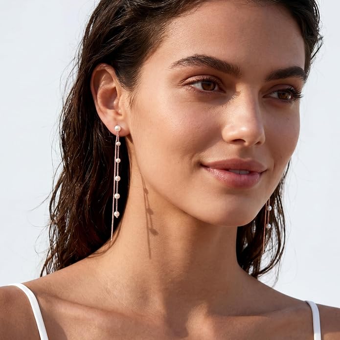 SLUYNZ Solid 925 Sterling Silver Simulated Shell Pearl Dangle Earrings Chain for Women Teens Elegant Long Dangle Earrings Tassel Wedding Bridal Earrings Prom Party Engagement Jewelry
