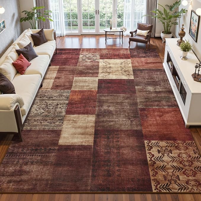 DweIke Washable Area Rugs 6x9 for Living Room, Large Modern Geometric Red Soft Patchwork Carpet, Non-Slip Stain Resistant Throw Rug for Bedroom Dining Room Office Home Decor