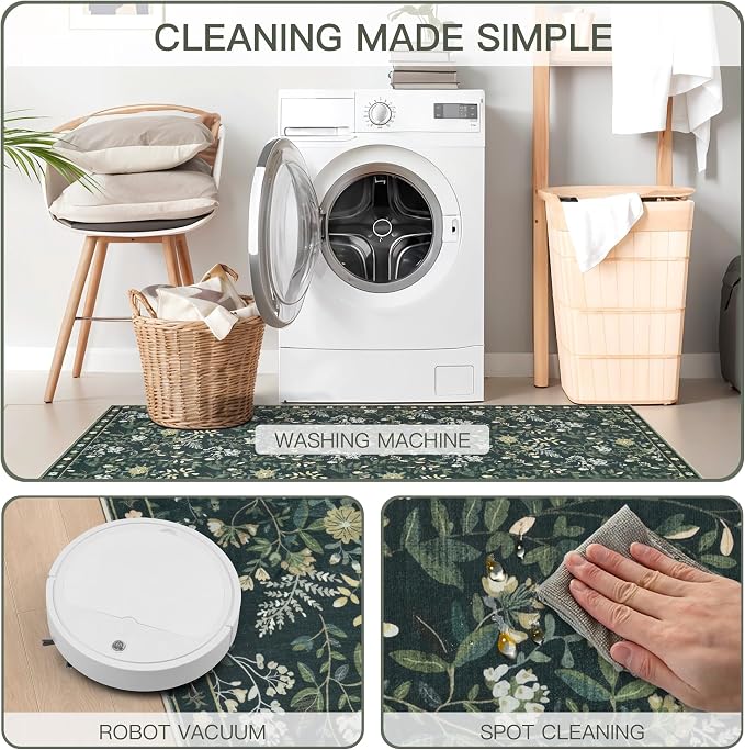 8x10 Vintage Washable Area Rug, Green | Living Room,Low Pile Non Slip Carpet Non-Shedding Large Soft Indoor Stain Resistant Floral Print Mat for Bedroom Dining Room