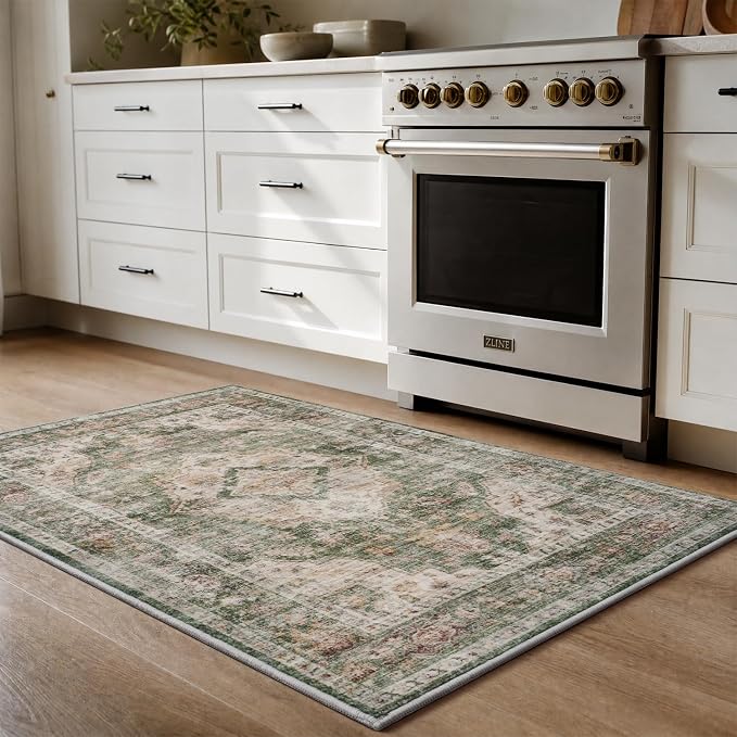 AMOAMI-2X3 Small Rug-Washable Rugs Entryway Mat Indoor-Soft Vintage Non Slip Rugs for Kitchen Laundry Room Bathroom Green Decorative Accent Rug for in Front of Sink 24 Inch x36 Inch