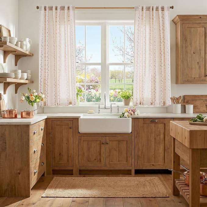Lazzzy Cathy Linen Floral Curtains 63 inch Length for Kitchen Cute Privacy Curtains for Kids Room Rod Pocket Back Tab Light Filtering Drapes Farmhouse Cottagecore Decor 50"x63" Terracotta on Linen