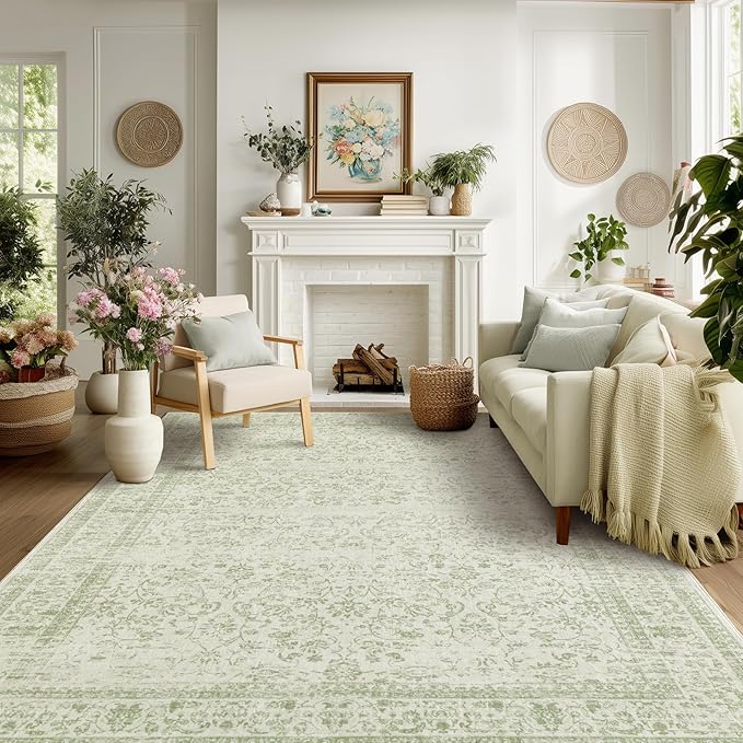 Sage Green Area Rugs 9x12 Living Room No Slip Stain Resistant Large Area Rug for Bedroom Low Pile Soft Boho Distressed Style Light Green Rug 9 x 12 Washable Carpet for Dining Room Playroom