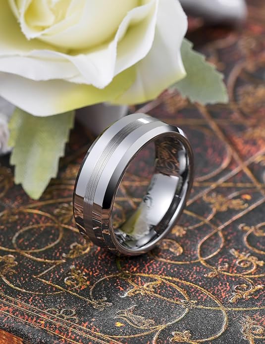 King Will Classic Tungsten Carbide Ring Brushed Two Grooved Center Hammered Design Mens Wedding Band for Men