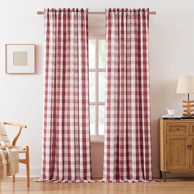 Burgundy Gingham Buffalo Check Red White Curtains 95 Inch Length | Buffalo Plaid Gingham Rod Pocket Window Treatment for Bedroom Living Room,Yarn Dyed Semi Sheer Drapes,2 Panels,40"Wx95"L