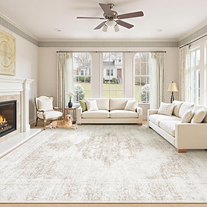 9X12 Area Rugs for Living Room, Washable Rugs Beige Vintage Medallion Non-Slip Soft Low Pile Rug Large Indoor Retro Carpet for Bedroom Dining Room Home Office Nursery Room(Beige,9'x12')