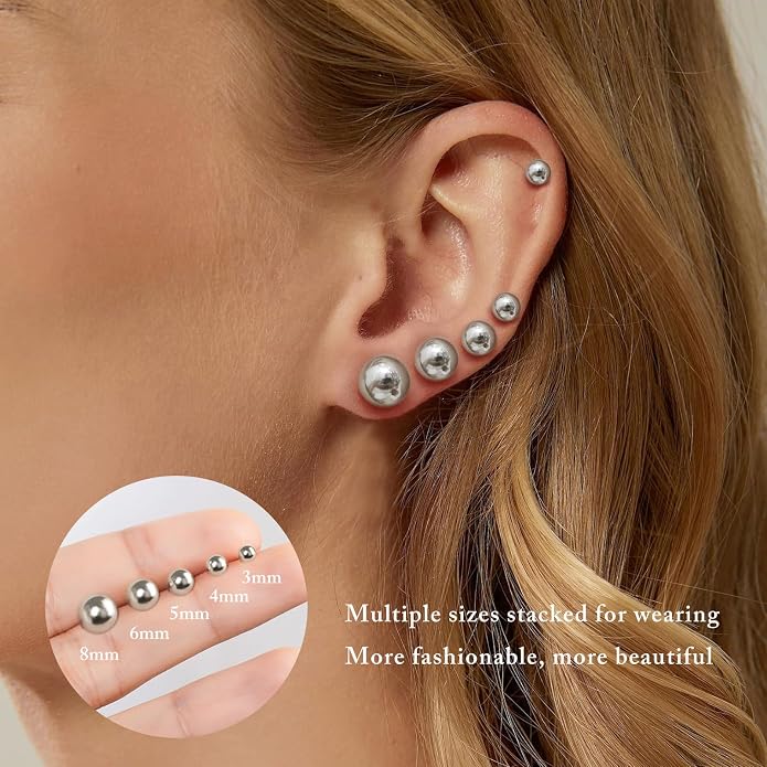 Stud Earrings Set for Women, 14K Gold Plated Hypoallergenic Heart Pearl Ball Studs Pack 316L Stainless Steel CZ Earrings Multi-Style & Size 3-8mm