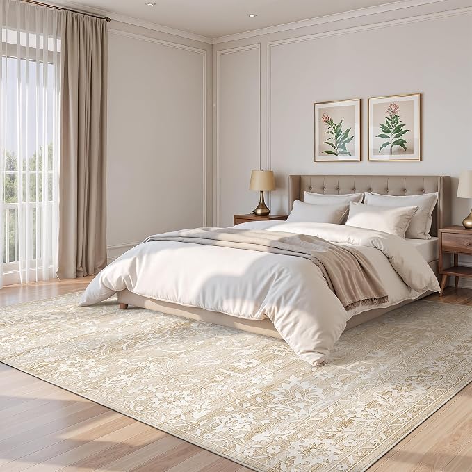 Soalmost 9x12 Area Rugs for Living Room, Washable Neutral Soft Rug Beige | Vintage Floral Non-Slip Low Pile Throw Large Carpet for Dining Room Bedroom Kitchen Home Office 9'x12'