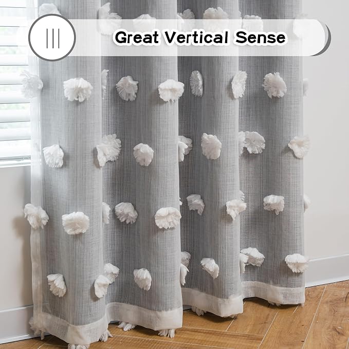 MYSKY HOME Grey Blackout Curtains for Kids Room Boys Bedroom 84 Inch Long Double Layer Curtain with White Pom Pom Sheer for Dining Room Back Tab Room Darkening Window Drapes 2 Panels, 52 x 84 in
