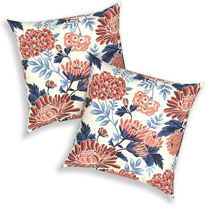 Outdoor 20x20 Inch Throw Pillows with Inners, Square Pillows Decorative Set of 2 for Home Garden Furniture, Red Chrysanthemum