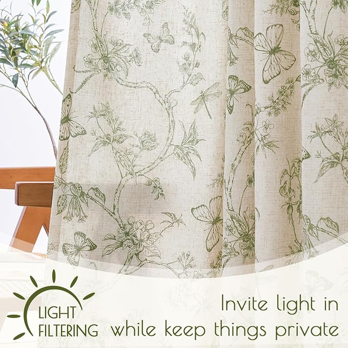 Lazzzy Charlotte Green Floral Lined Linen Farmhouse Curtains 90 Inch Long Back Tab Drapes for Living Room Bedroom Light Filtering Vintage Rod Pocket, 2 Panels, Green on Beige