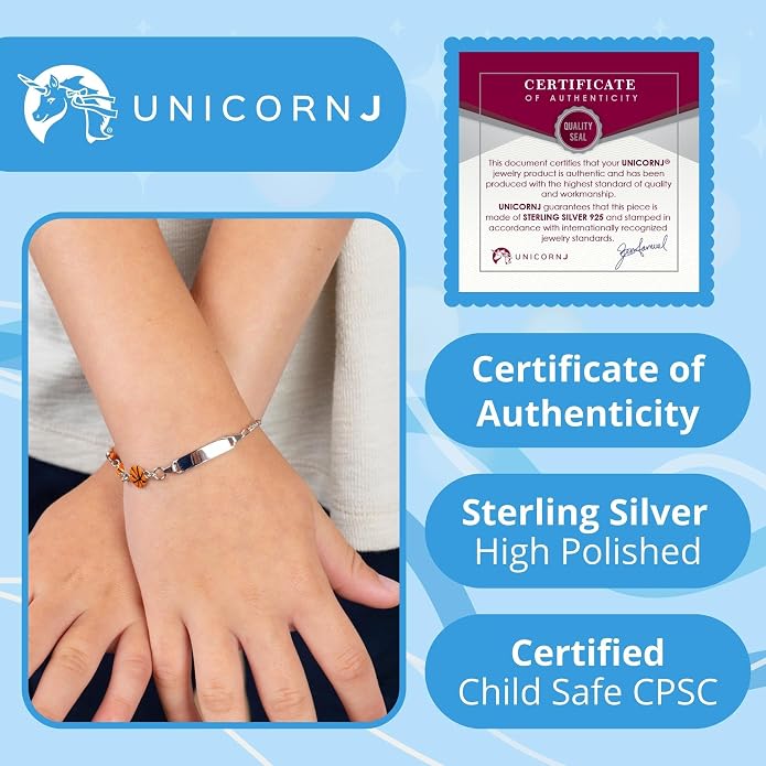 UNICORNJ 925 Italy Sterling Silver Child or Baby Name Bracelet Girls Boys, Personalized Engraved Kids ID Bracelets, 6.5" Figaro Chain, Enamel Charm Newborn Infant Toddler Kid Jewelry