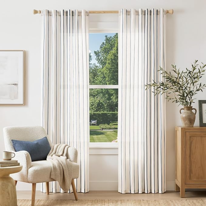 Vangao Striped Curtains Blue on White Semi Sheer Curtains 84 Inches Long for Living Room Bedroom Modern Farmhouse Linen Textured Light Filtering Drapes 2 Panels Blue W50 x L84 Inch
