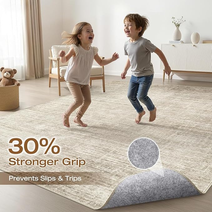 6x8 Area Rugs Living Room: Washable Large Neutral Beige Rug Abstract Soft Modern Stain Resistant Indoor Floor Non-Slip Carpet for Bedroom Nursery Kids Office Playroom Dining Room Under Table Home