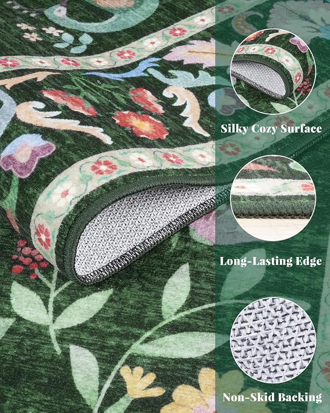 Lunasun Green 5x7 Area Rug for Living Room - Cottage Core Rug for Bedroom, Dining Room, Kids Playroom, Home Office, Floral Washable Non Slip Floor Décor